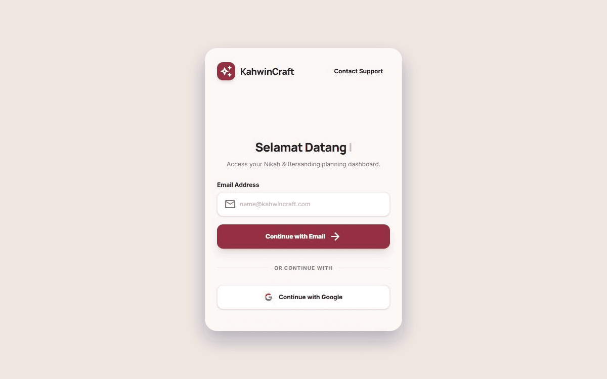 A phone showing the KahwinCraft couple sign-in: Selamat Datang, an email field, Continue with Email and Continue with Google
