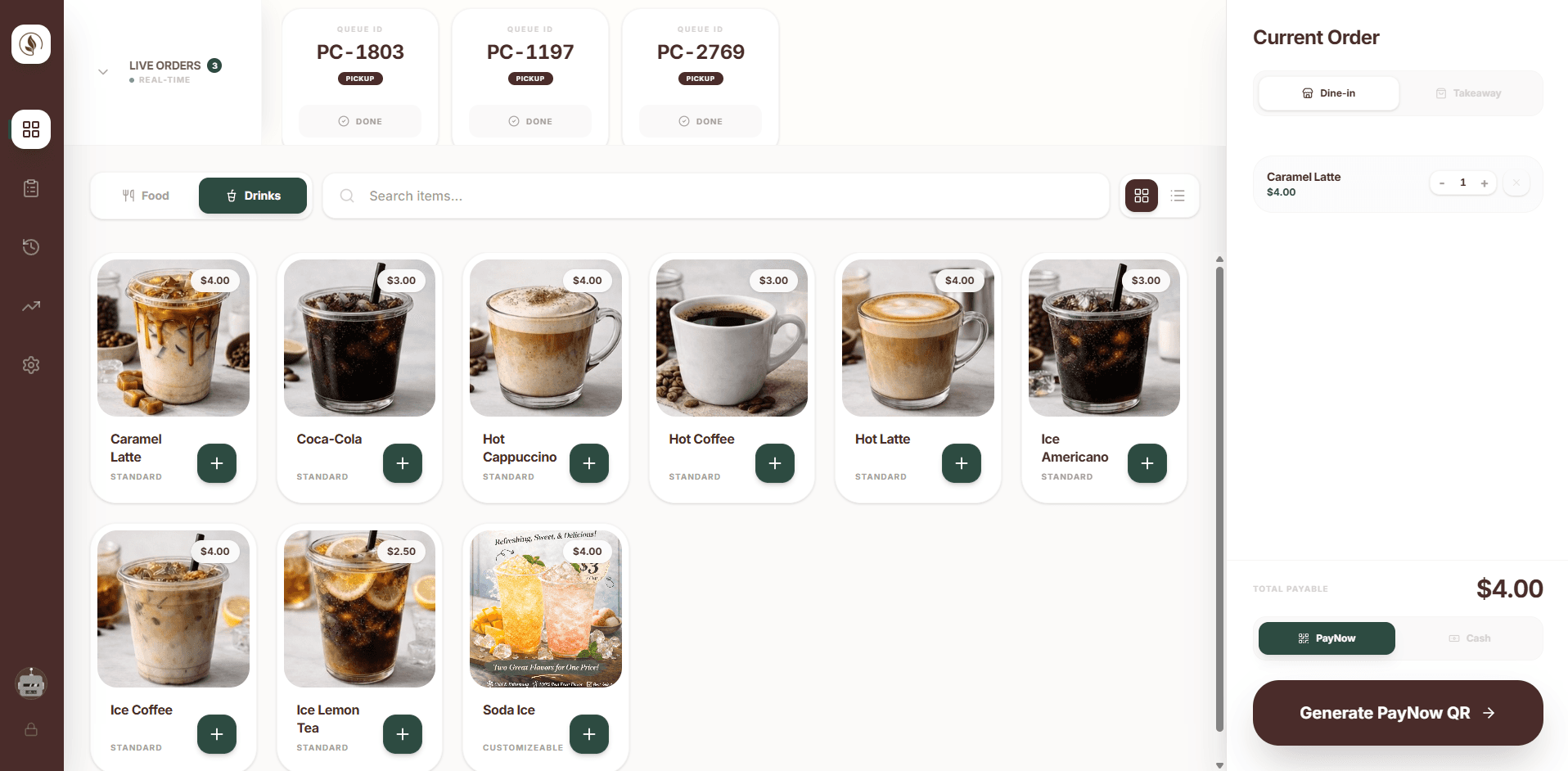 Pandani Cafe POS: live orders with queue IDs along the top, the drinks menu as a grid of photos and prices, and a current order with dine-in, takeaway, PayNow and cash